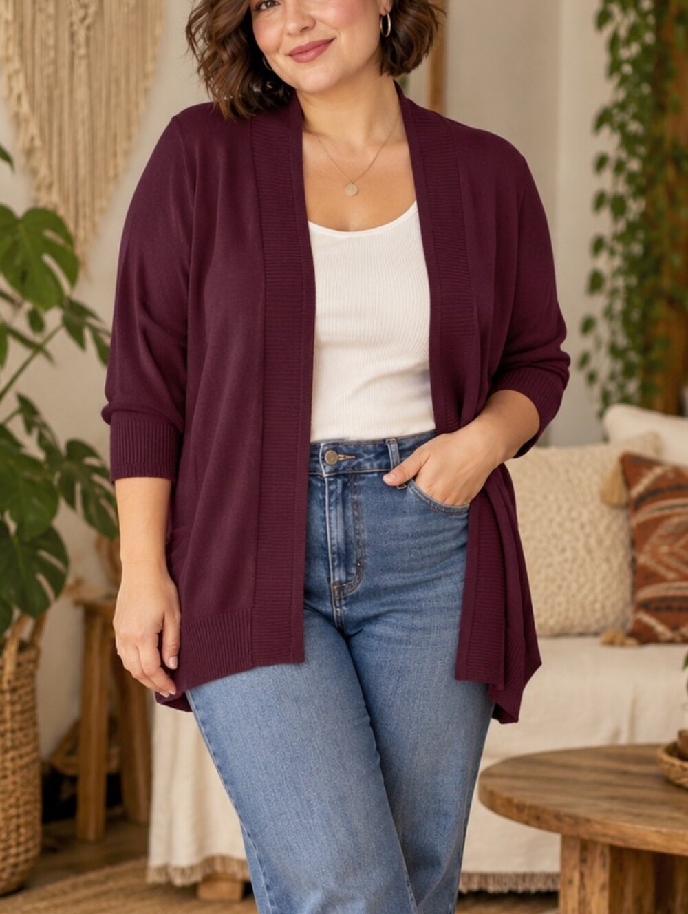 Laura Petites Open-Front Cardigan Sweater Plum Size XL